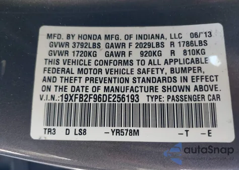 2013 Honda Civic Ex-L from USA, damaged, VIN 19XFB2F96DE256193